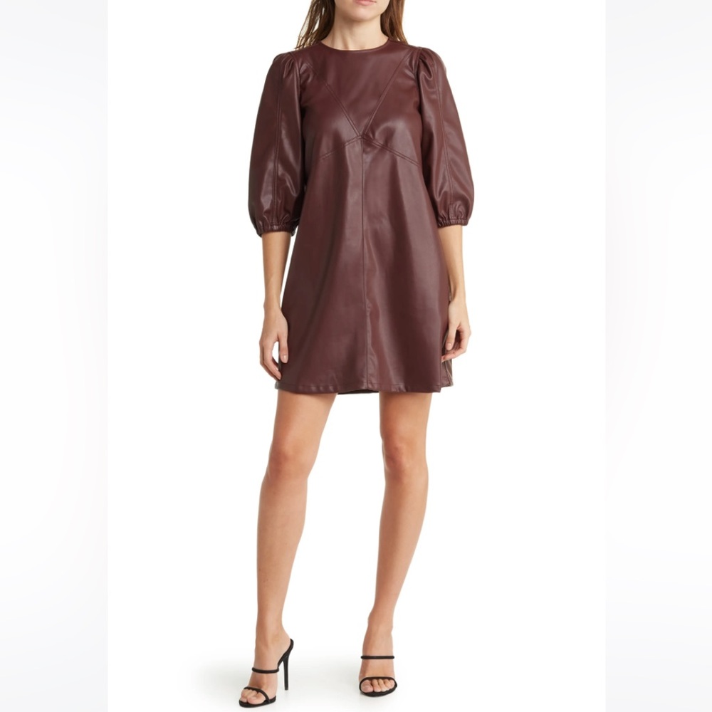 Nordstrom Melloday Leatherette Puff Sleeve Mini Dress (Burgundy/Brown)